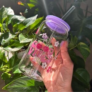 Purple Floral Good Vibes Glass Tumbler